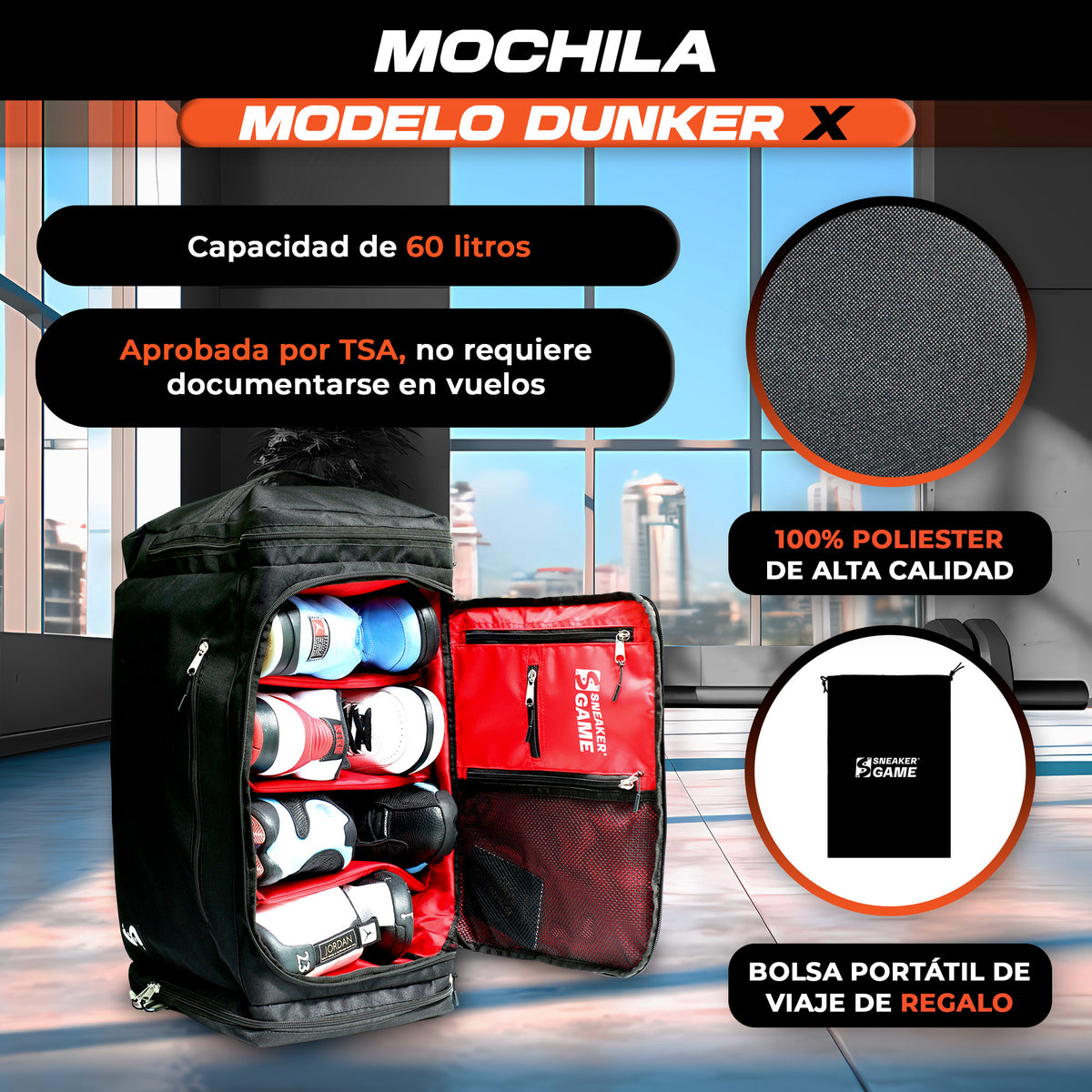 Mochila Maleta Deportiva Viaje Grande Gym Entrenamiento Laptop Ropa Cámara Zapatos Hombre Mujer Repelente Agua 11 Espacios Para 4 Snkrs 60 lts Dunker X