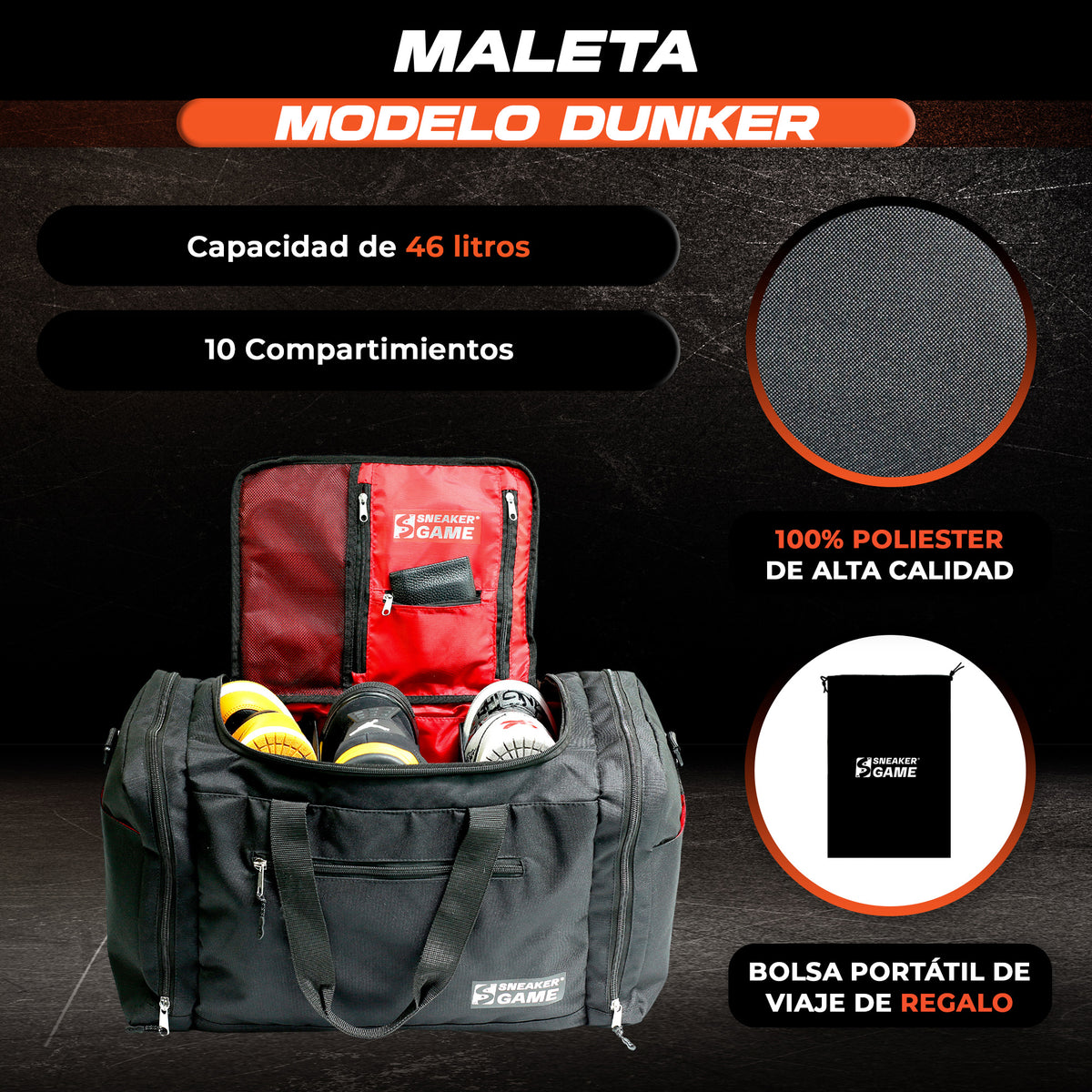 Maleta Deportiva Mochila Viaje Grande Gym Entrenamiento Laptop Ropa Cámara Zapatos Hombre Mujer Repelente Agua 10 Espacios Para 3 Snkrs 46 lts Dunker